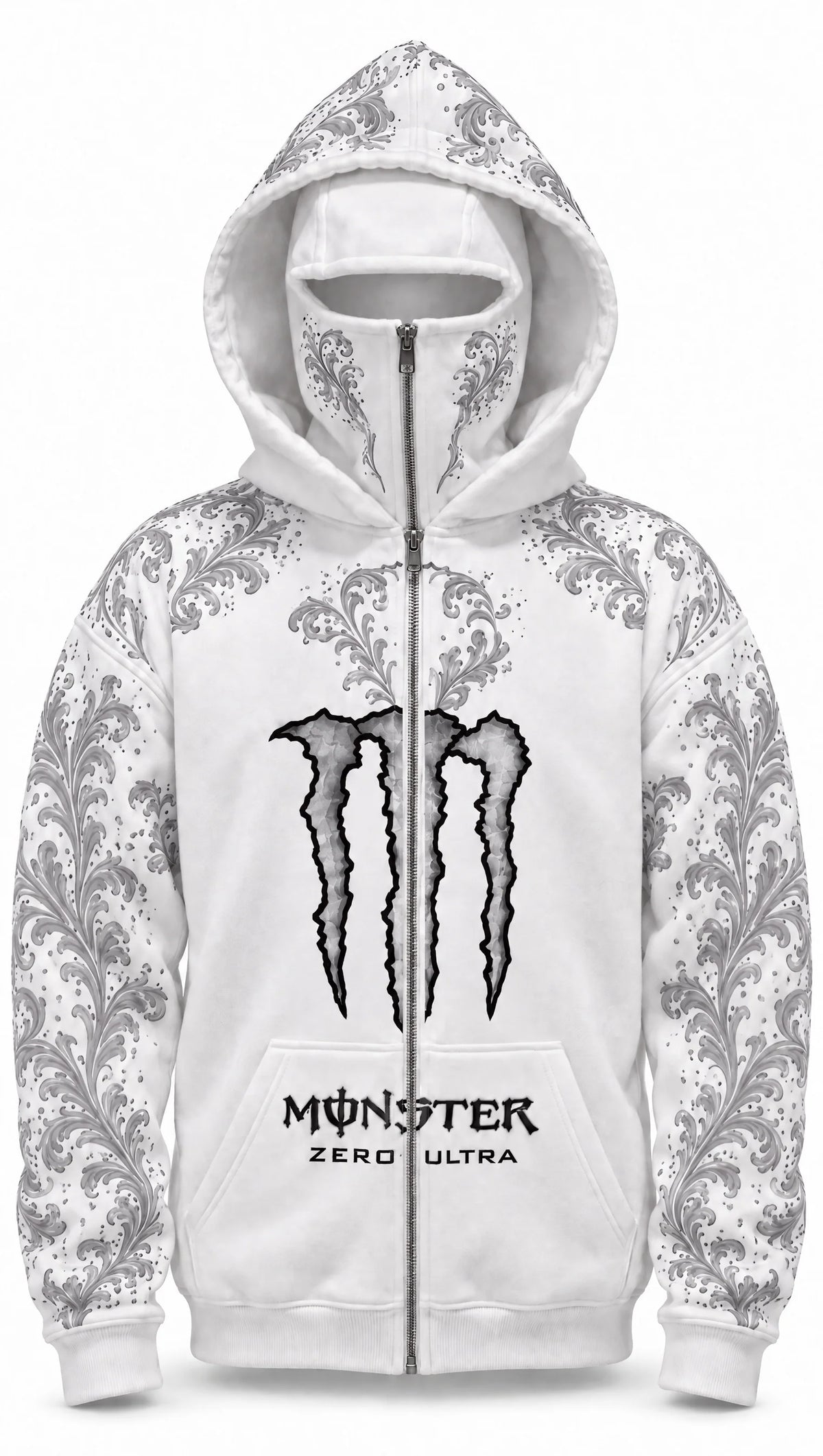Monster Energy White Hoodie – Full-Zip Face Hood